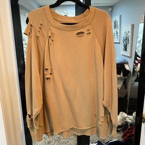 Aerie Tan Distressed Crew Neck